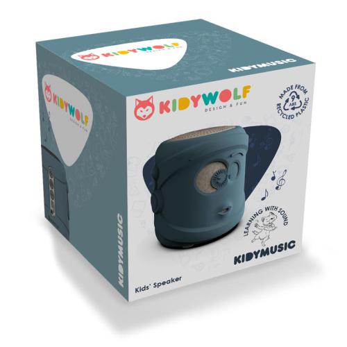 KidyWolf Coluna de Som Bluetooth na embalagem, mostrando o design infantil e a indicação de ser feita com plástico reciclado.