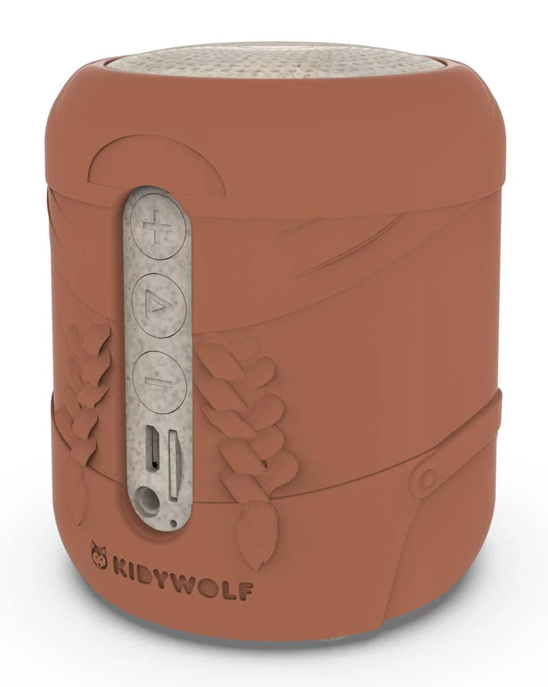 KidyWolf Coluna de Som Bluetooth cor de terracota, com detalhe dos botões de controlo de volume e reprodução.