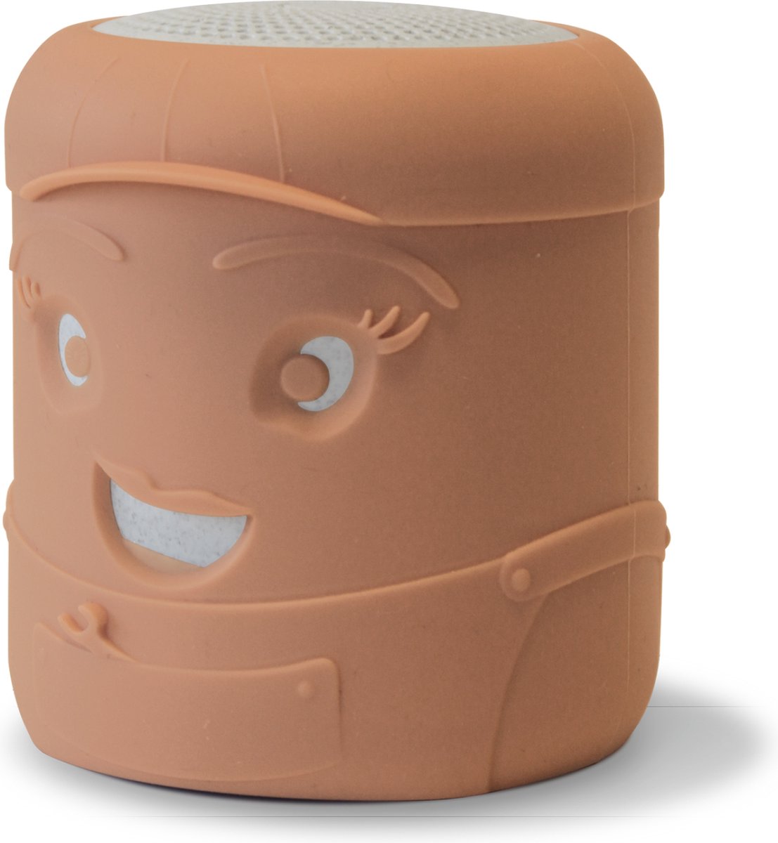 KidyWolf Coluna de Som Bluetooth cor de terracota, com detalhe do rosto sorridente e design amigável para crianças.