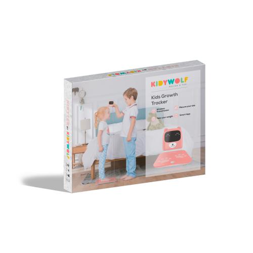 Embalagem do KidyWolf Kids Growth Tracker, mostrando uma criança a medir a altura com o dispositivo.