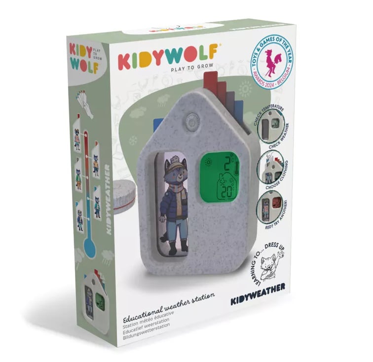 Caixa da KidyWolf Estação Meteorológica Didática, mostrando o produto e características principais.