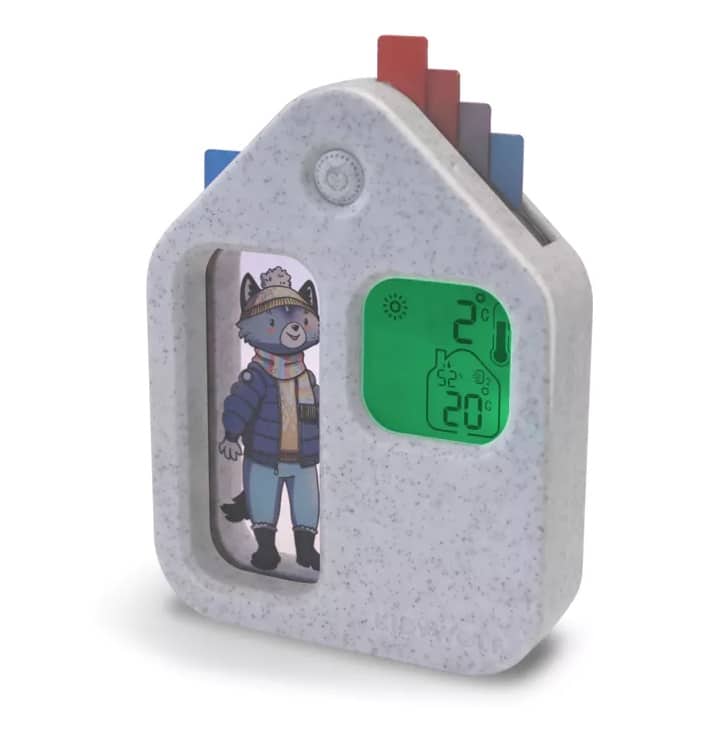 KidyWolf Estação Meteorológica Didática mostrando personagem de inverno e dados de temperatura/humidade.