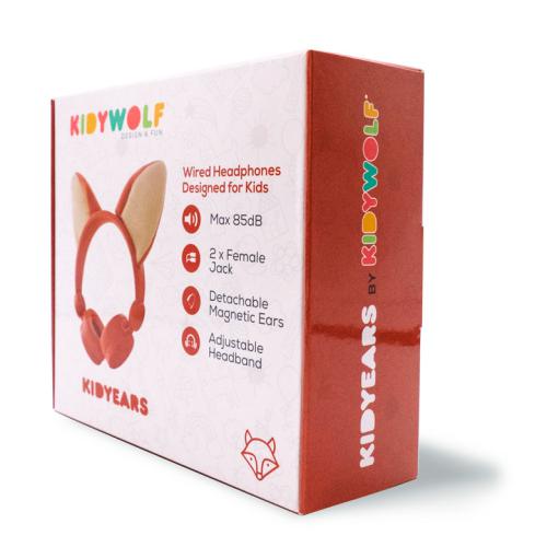 Caixa dos auscultadores KidyWolf KidyEars Raposa, vista em ângulo, mostrando o design e a marca.