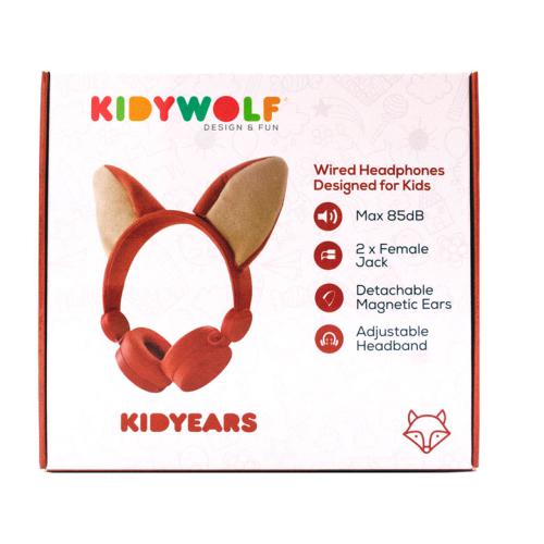 Caixa dos auscultadores KidyWolf KidyEars Raposa, mostrando o produto e lista de características (85dB, dual jack, orelhas magnéticas, banda ajustável).