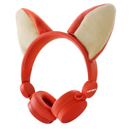 Auscultadores infantis KidyWolf KidyEars com fio cor de laranja e orelhas de raposa destacáveis, vista frontal.