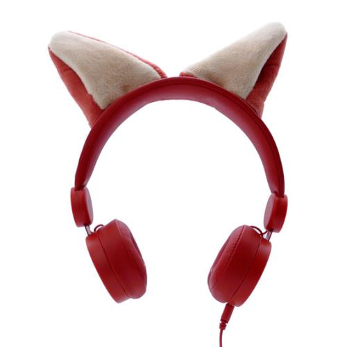 Auscultadores infantis KidyWolf KidyEars com fio cor de laranja e orelhas de raposa, vista posterior.