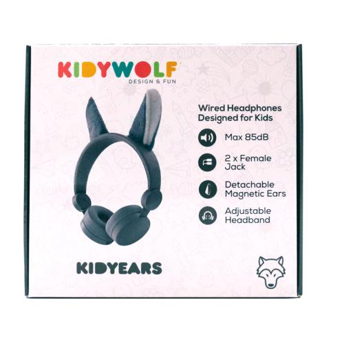 Caixa dos auscultadores KidyWolf KIDYEARS, mostrando o design Lobo e as características principais.