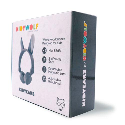 Caixa dos auscultadores KidyWolf KIDYEARS, vista lateral, destacando a marca e o design.