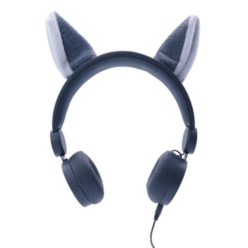 Auscultadores KidyWolf KIDYEARS Lobo cinzentos com orelhas magnéticas de lobo, vista ligeiramente inclinada.