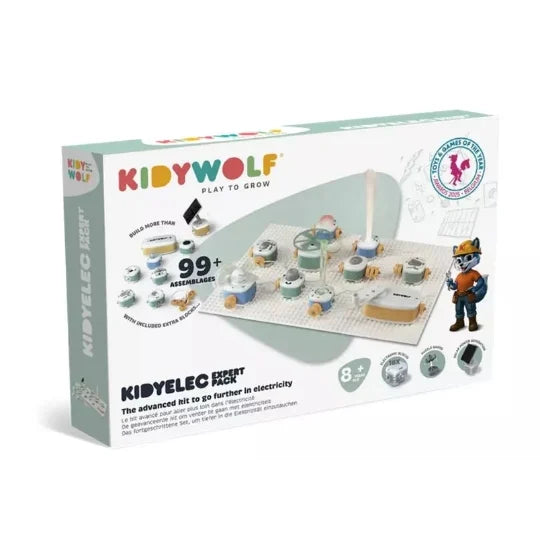 Caixa do Kit KIDYELEC Expert Pack da KidyWolf, com mais de 99 montagens elétricas, mostrando os componentes e o logótipo "Toys & Games of the Year".