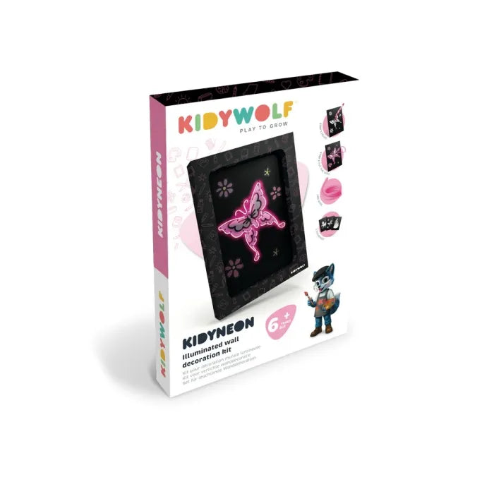 Caixa do produto Kidyneon da KidyWolf mostrando um kit de decoração luminosa com uma borboleta neon rosa.