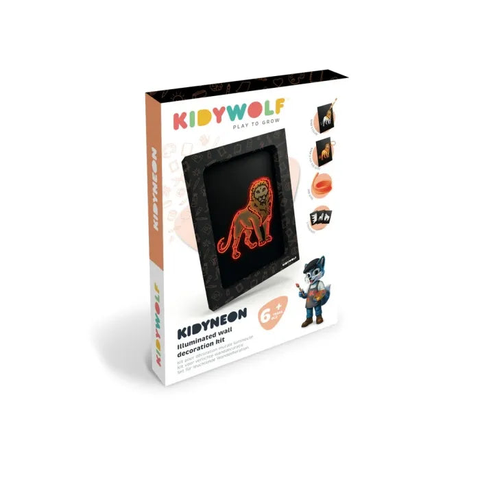 Caixa do kit Kidyneon da KidyWolf mostrando um leão iluminado com fio neon laranja.