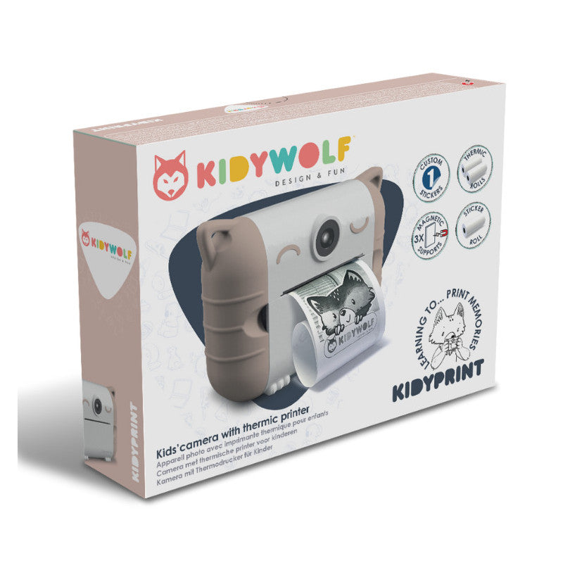 Caixa da Kidywolf Máquina Fotográfica com impressão, mostrando a câmara e acessórios incluídos.