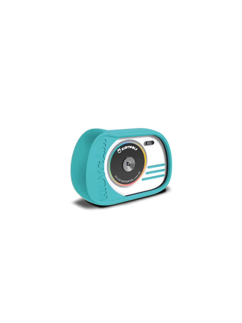 Máquina fotográfica digital Kidywolf KIDYCAM na cor azul-turquesa, com capa de silicone protetora, isolada em fundo branco.