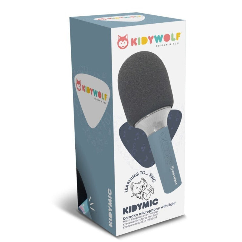 Embalagem do KidyWolf Microfone de Karaoke KIDYMIC, mostrando o microfone e o logótipo da marca.
