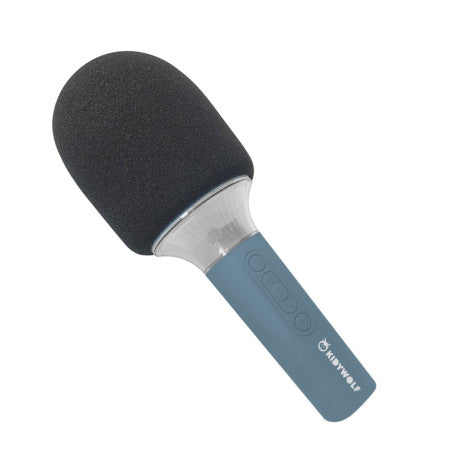 Microfone de karaoke KidyWolf KIDYMIC sem fios, em cor cinzenta, com grelha de espuma preta e botões de controlo no punho.
