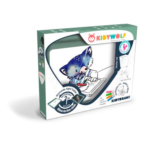 Caixa do produto KidyWolf Prancha de Desenho Ilustrada c/luz, mostrando um lobo azul a desenhar com marcadores fluorescentes.