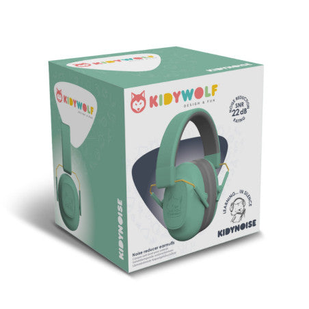 Embalagem dos auscultadores KidyWolf KIDYNOISE, cor verde-água, destacando a redução de ruído de 22dB e o design para crianças.