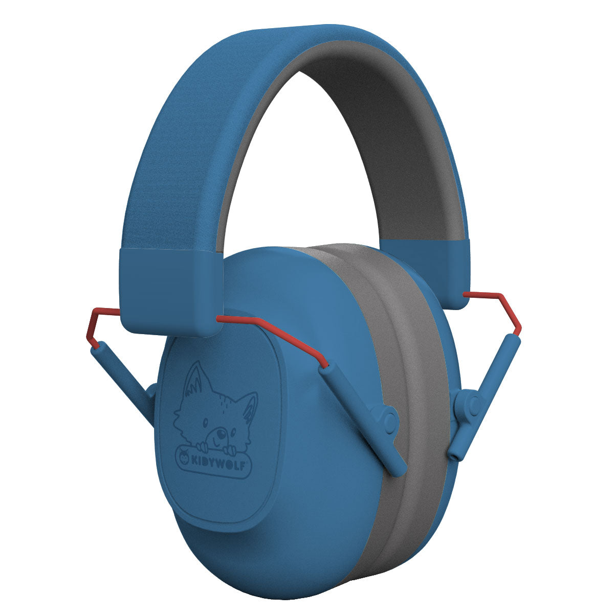 Protetores auditivos KidyWolf azuis com cancelamento de ruído, dobráveis, exibindo o logótipo do lobo na copa lateral.