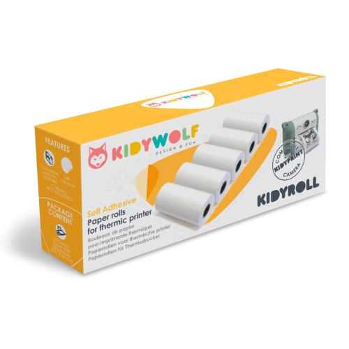 Caixa de recargas Kidywolf KidyRoll com 5 rolos de papel térmico auto-adesivo para câmara KidyPrint.