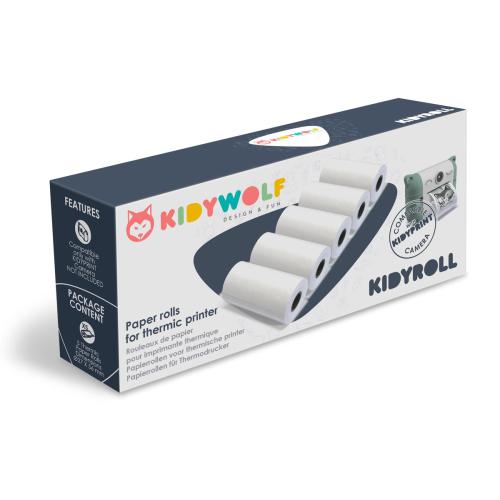 Caixa de recargas Kidywolf KidyRoll com 5 rolos de papel térmico auto-adesivo, mostrando compatibilidade com KidyPrint.