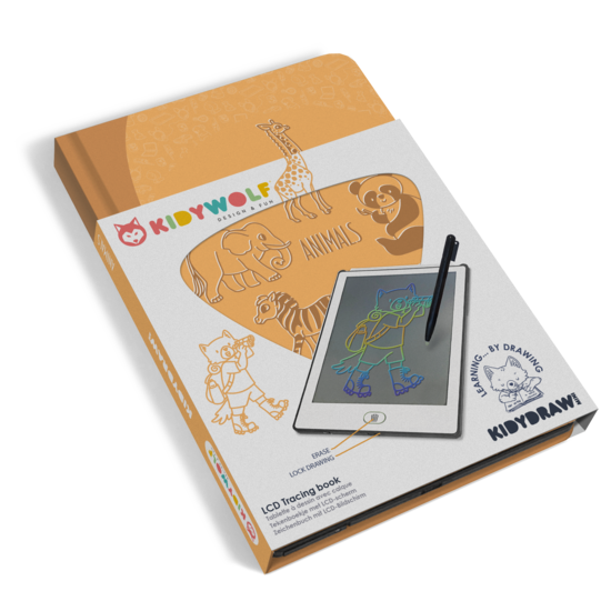 Tablet de desenho LCD KidyWolf Kidydraw Mini cor laranja com ilustrações de animais e caneta