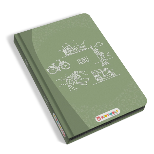 Capa do livro de desenho KidyWolf em verde-azeitona, destacando ilustrações de viagem como a Estátua da Liberdade e a Muralha da China.