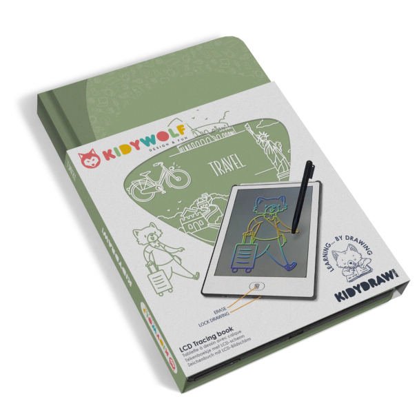 Capa do KidyWolf Tablet de Desenho LCD (KIDYDRAW-MINI) com tema 'Viagem', mostrando um desenho de um animal a puxar uma mala.