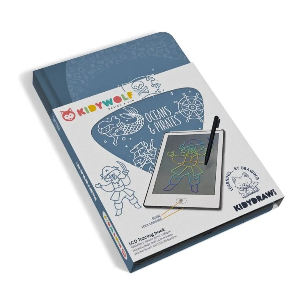 Tablet de desenho LCD KidyWolf Oceanos azul com caneta stylus e fichas de decalque