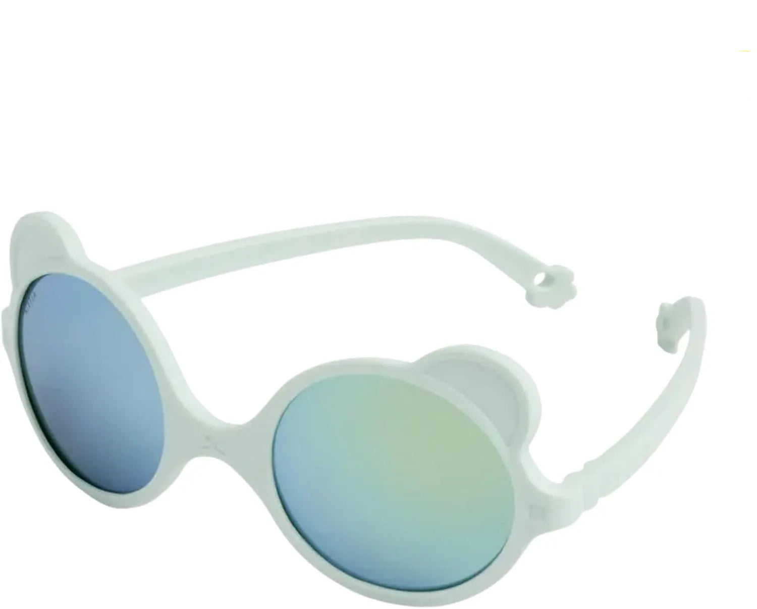 Óculos de sol Kietla Urso Almond Green em detalhe, mostrando a armação branca e as lentes azuis espelhadas.
