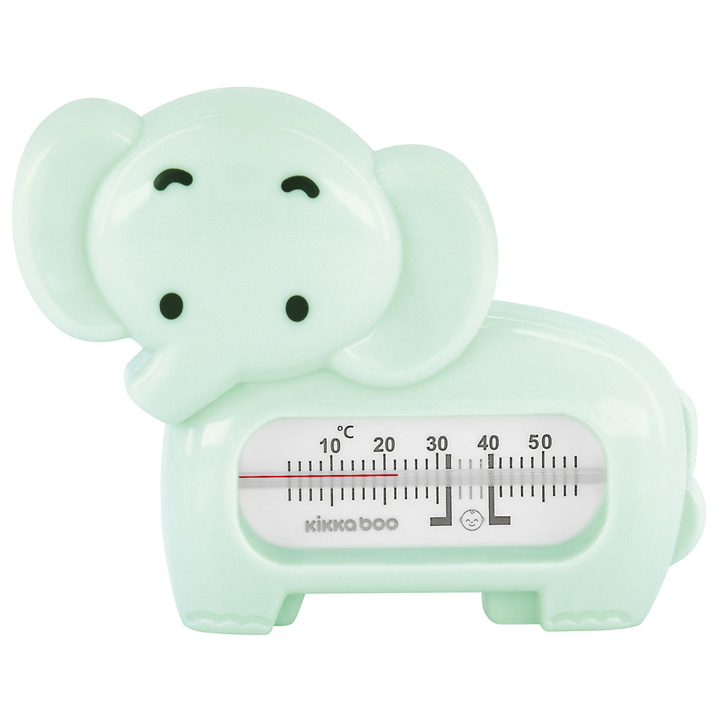 Termómetro Kikkaboo para água em forma de elefante mint, com escala de temperatura visível e a marca Kikkaboo.