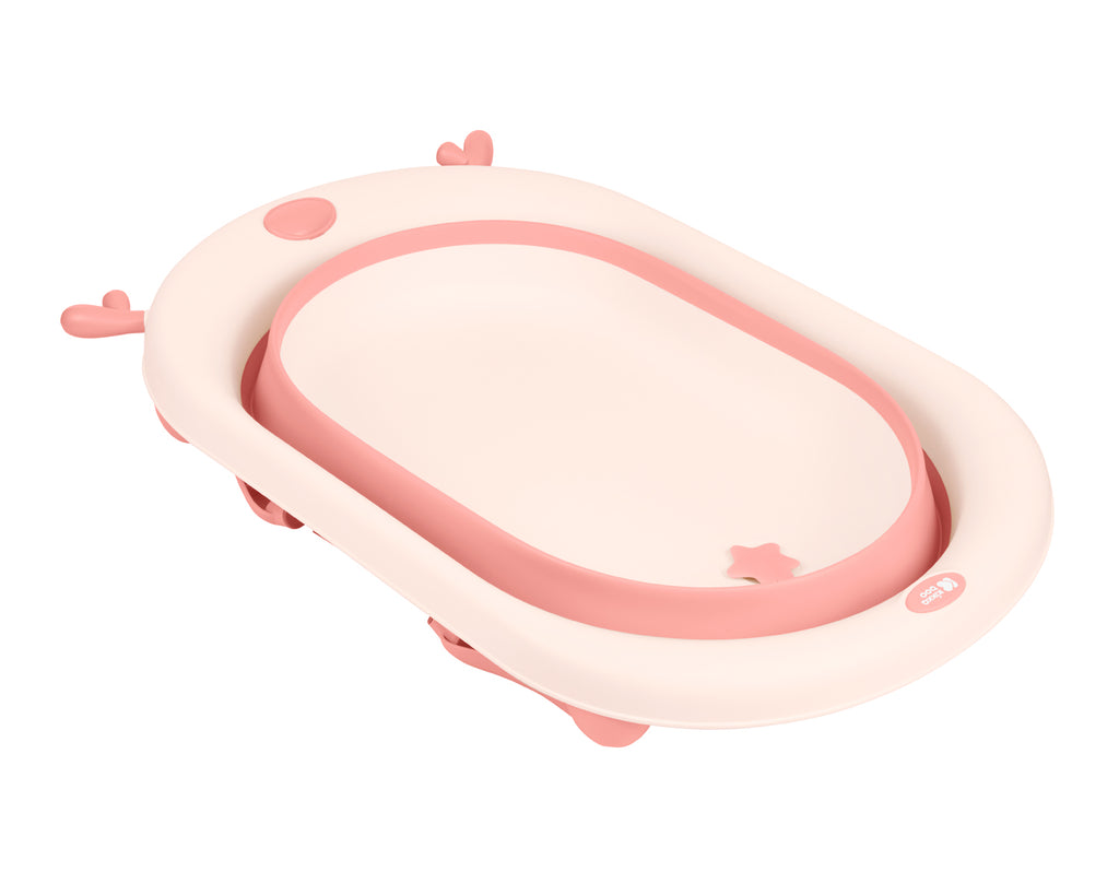 Banheira de bebé Kikkaboo Foldy rosa em formato compacto dobrada