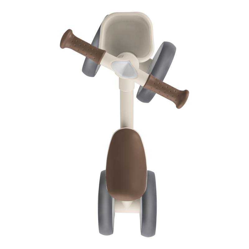 Vista superior da bicicleta de equilíbrio Kikkaboo ZIPI, focada no guiador com pegas castanhas e no assento, mostrando a estrutura de cima.