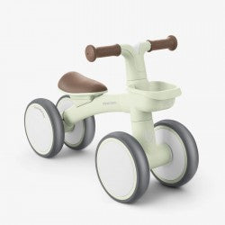 Bicicleta de equilíbrio Kikkaboo ZIPI de 4 rodas em cor verde-claro/menta, com assento castanho, ideal para bebés de 12 a 36 meses.