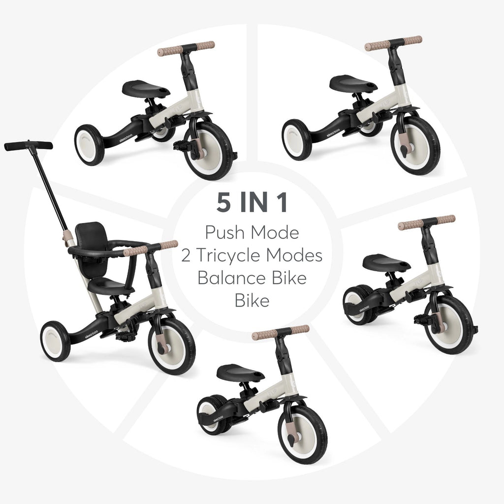Diagrama ilustrativo mostrando as 5 configurações do triciclo Kikkaboo FLIP: modo carrinho, 2 modos triciclo, bicicleta de equilíbrio e bicicleta.