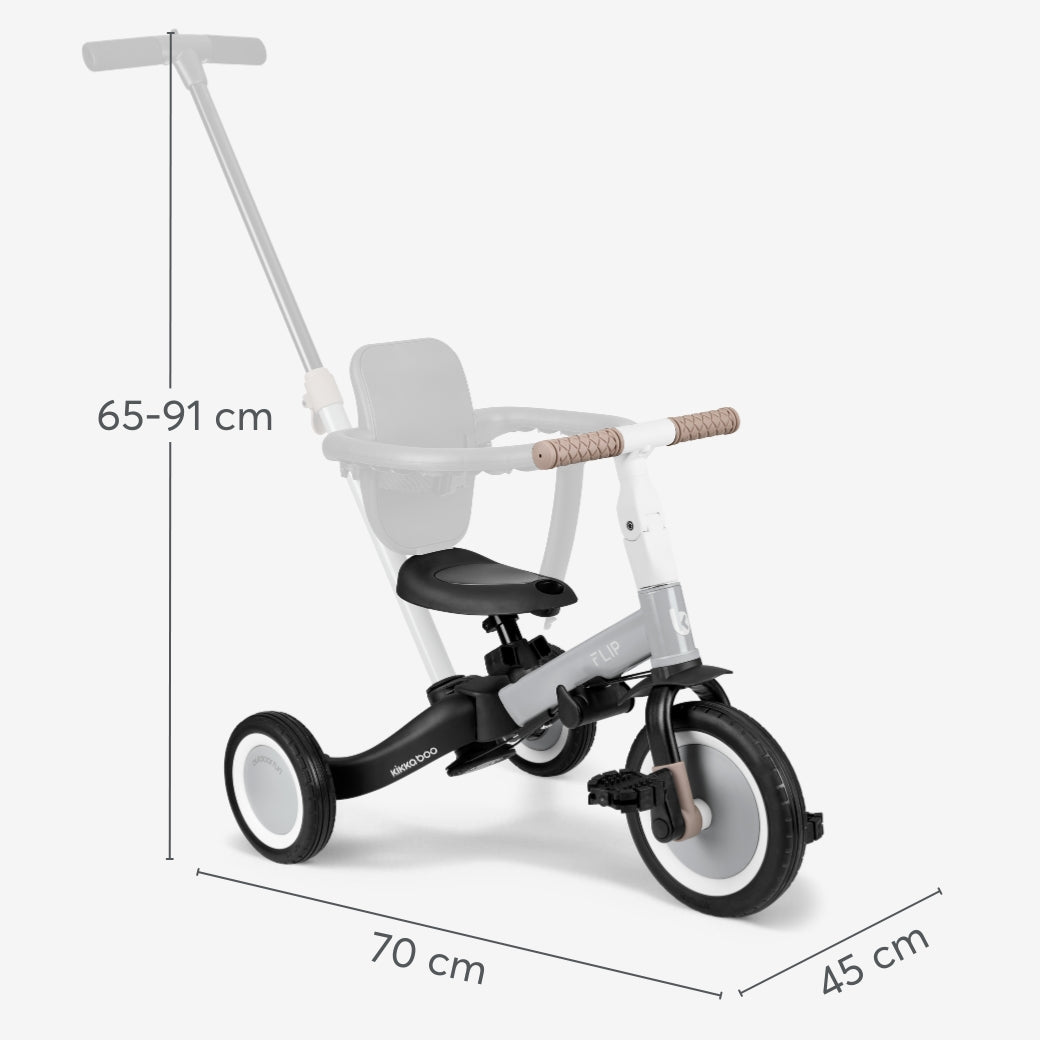 Diagrama técnico do triciclo Kikkaboo Flip com dimensões chave: altura ajustável (65-91 cm), largura (70 cm) e profundidade (45 cm).