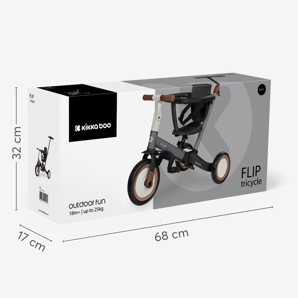 Embalagem do produto Kikkaboo FLIP Tricycle 5 em 1, mostrando as dimensões da caixa (68x32x17 cm) e peso máximo suportado (até 25kg).