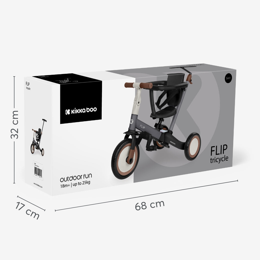 Embalagem do produto Kikkaboo FLIP Tricycle 5 em 1, mostrando as dimensões da caixa (68x32x17 cm) e peso máximo suportado (até 25kg).