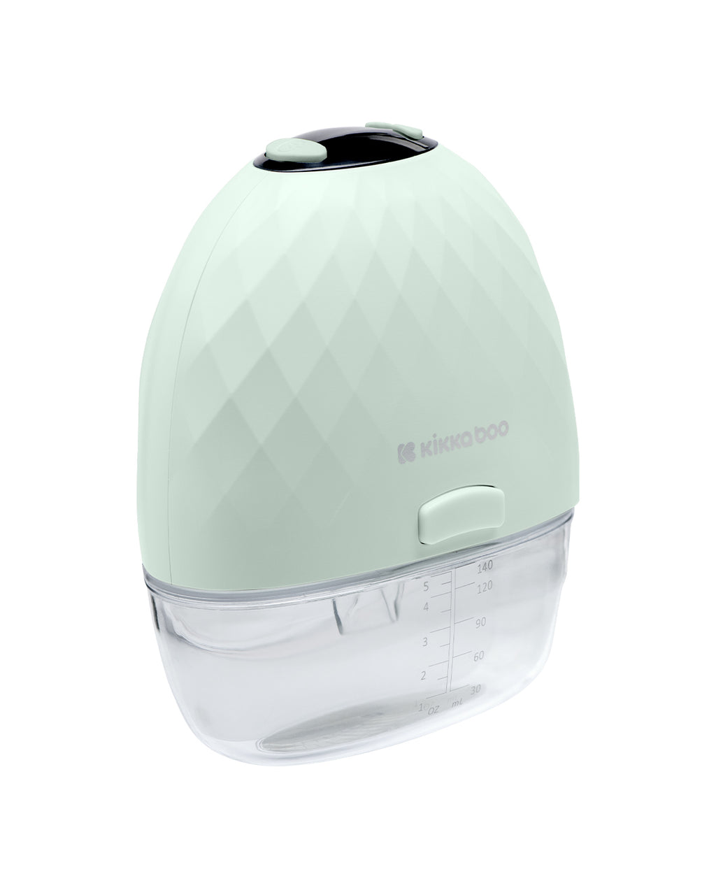 Bomba extratora de leite Kikkaboo Winnie verde-água com corpo texturizado e reservatório transparente com marcações de volume em ml e oz.