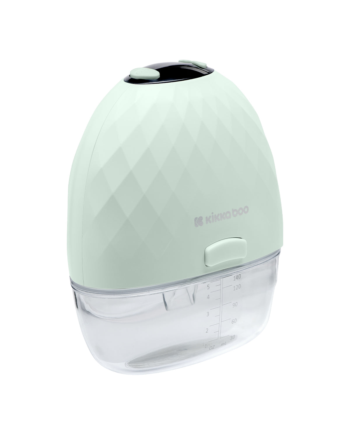 Bomba extratora de leite Kikkaboo Winnie verde-água com corpo texturizado e reservatório transparente com marcações de volume em ml e oz.