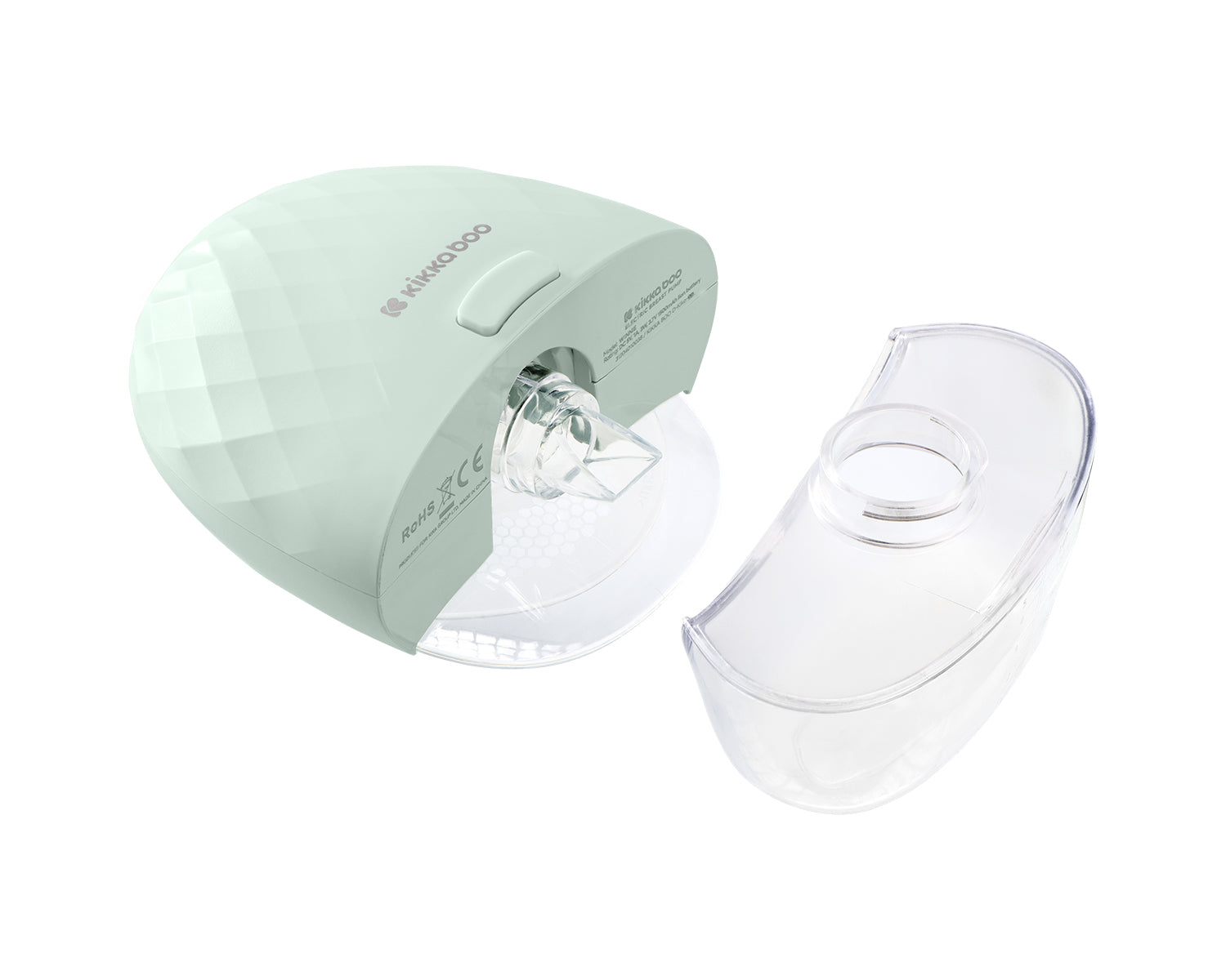 Vista da bomba extratora Kikkaboo Winnie desmontada, mostrando o motor principal e o recipiente coletor de leite separado.