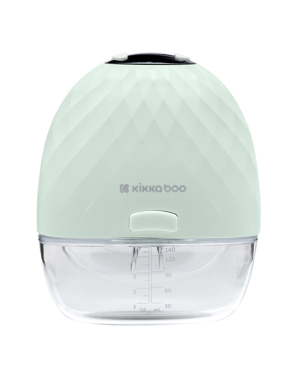 Bomba extrator de leite Kikkaboo Winnie verde-água, com corpo texturizado e base coletora transparente com marcações de volume (oz/ml).