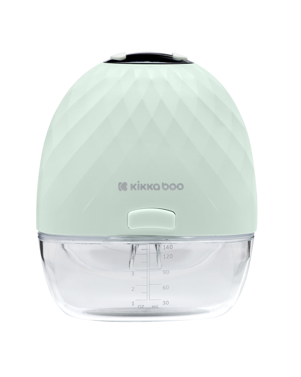 Bomba extrator de leite Kikkaboo Winnie verde-água, com corpo texturizado e base coletora transparente com marcações de volume (oz/ml).