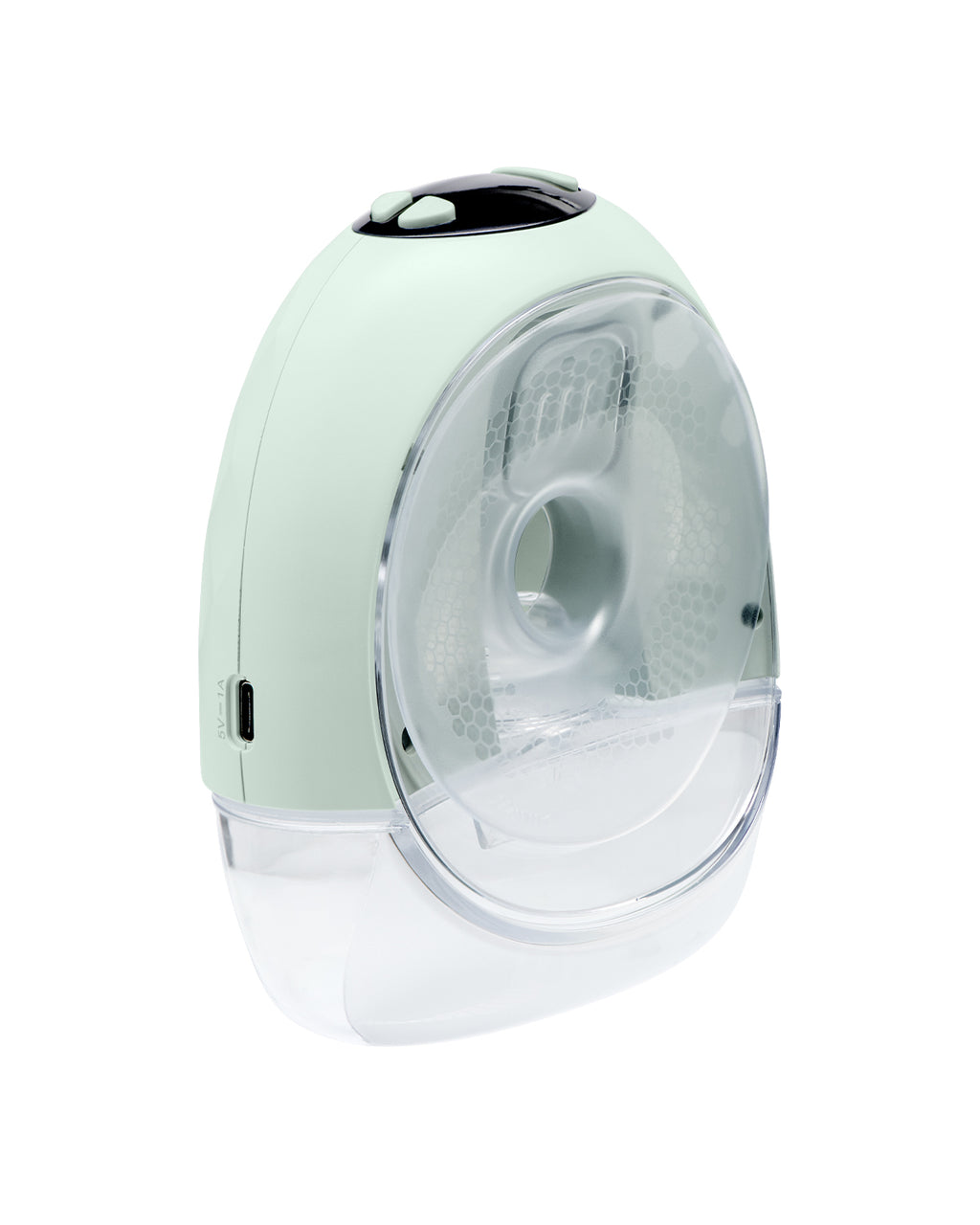 Vista lateral da bomba extratora de leite elétrica Kikkaboo Winnie verde-água, mostrando a porta USB-C para carregamento e o design compacto vestível.