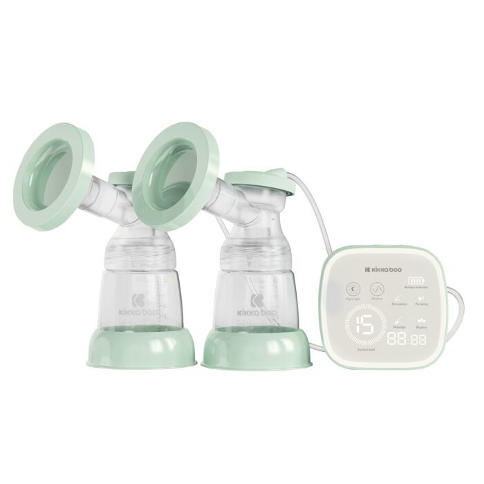 Bomba extratora de leite dupla Kikkaboo, com dois frascos, unidade de controlo com ecrã LED e design verde-menta. Ideal para extração eficiente e confortável de leite materno.