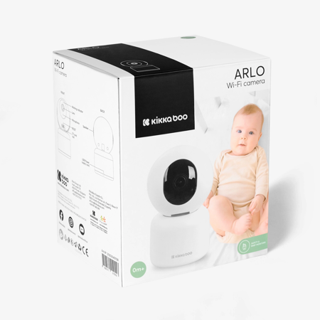 Caixa da KikkaBoo Câmara Wi-Fi Arlo, mostrando a câmara e um bebé, com informações sobre o produto.