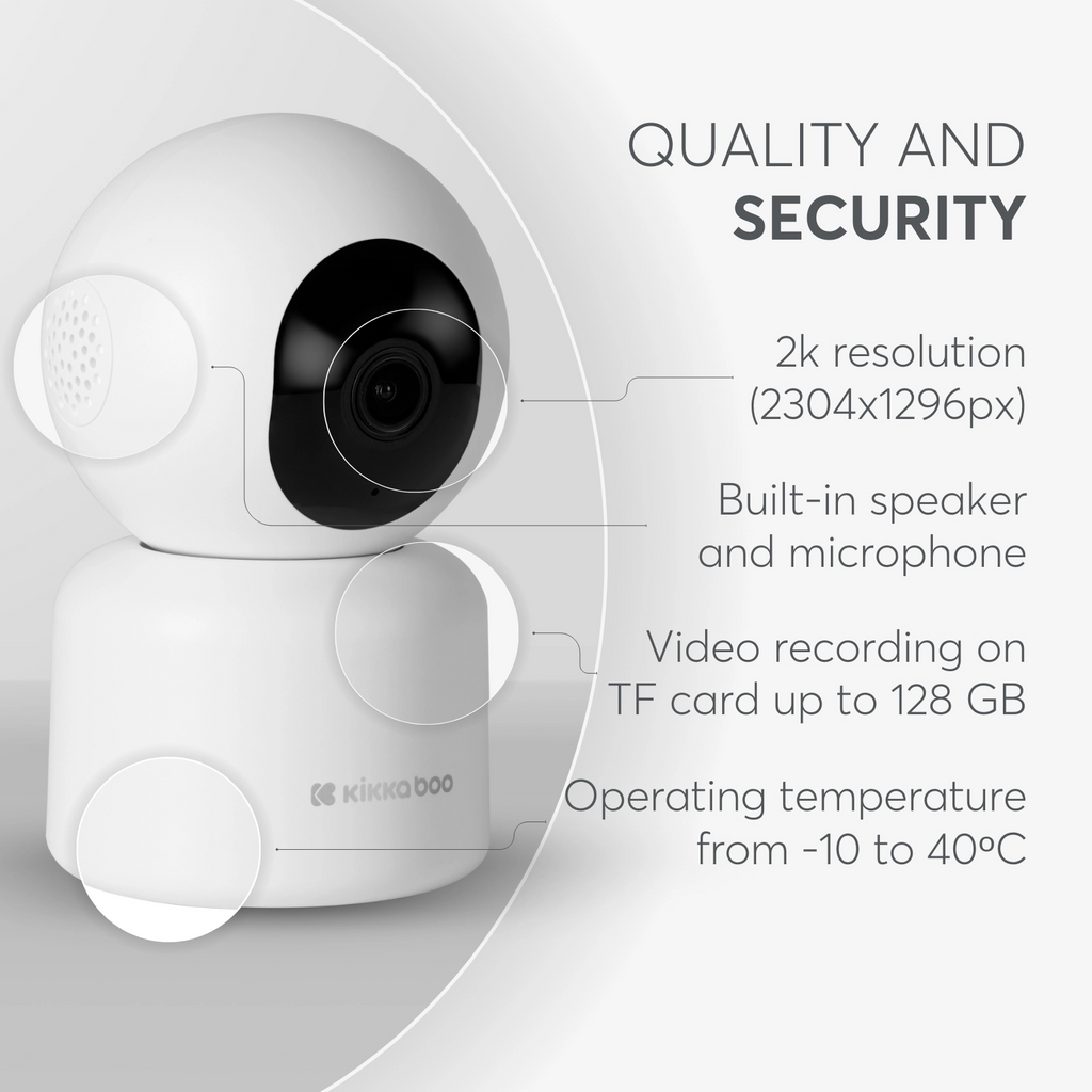Câmara KikkaBoo Wi-Fi Arlo mostrando detalhes técnicos como resolução 2K, altifalante e microfone integrados, gravação em cartão TF e temperatura de operação.