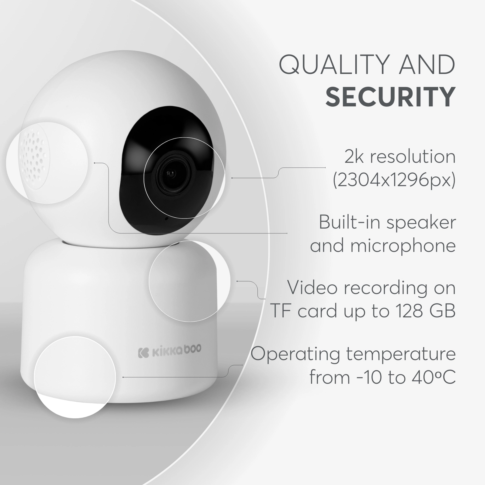 Câmara KikkaBoo Wi-Fi Arlo mostrando detalhes técnicos como resolução 2K, altifalante e microfone integrados, gravação em cartão TF e temperatura de operação.
