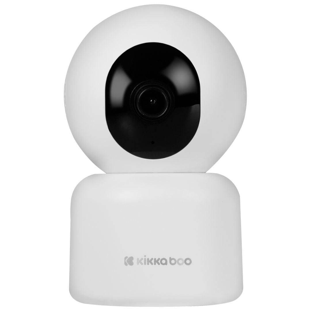 Câmara KikkaBoo Wi-Fi Arlo branca, vista frontal, mostrando a lente e o logotipo.  Monitorização segura e de alta definição para bebés.