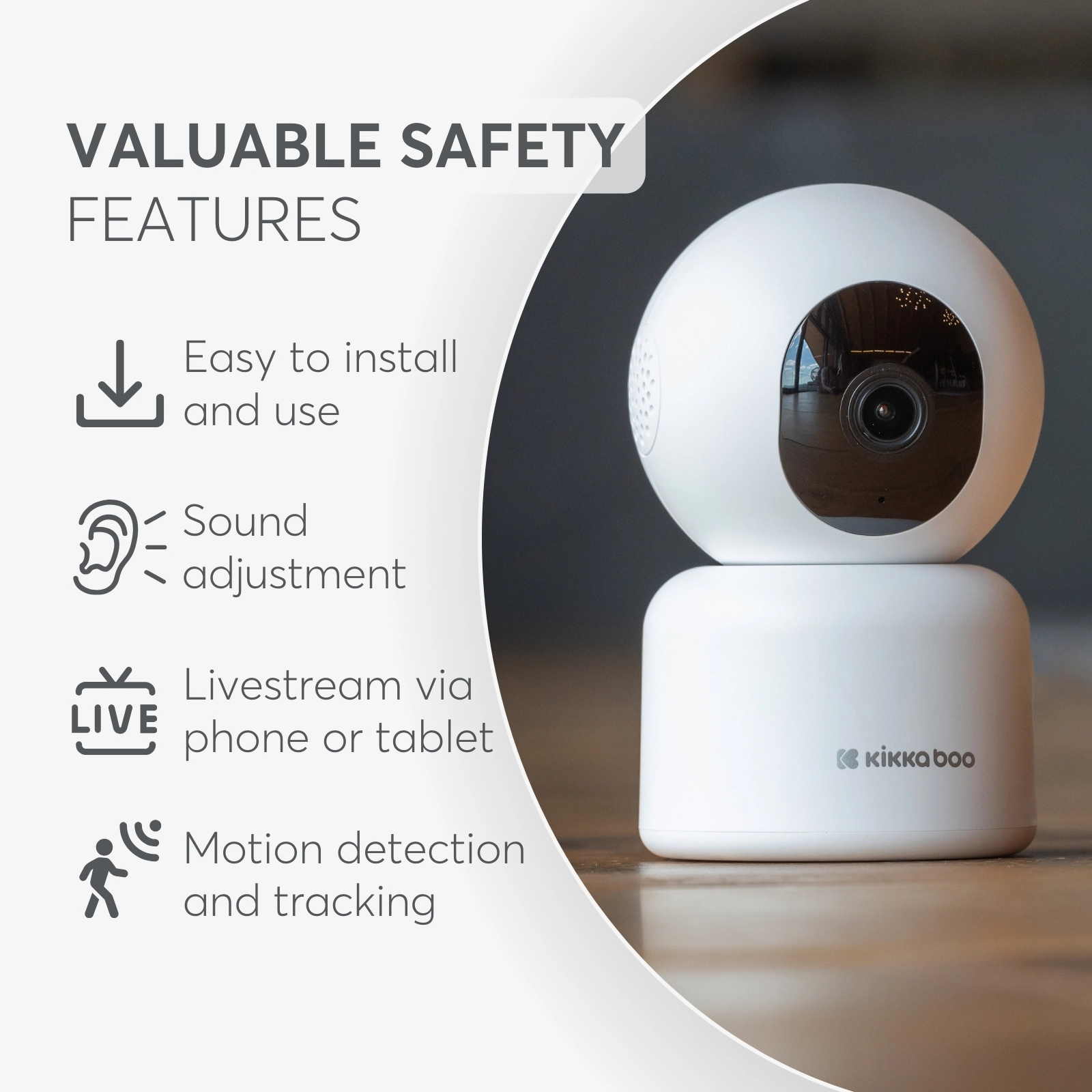 Câmara KikkaBoo Wi-Fi Arlo em cima de uma mesa de madeira, com destaque para as suas funcionalidades: instalação fácil, ajuste de som, transmissão ao vivo e deteção de movimento.
